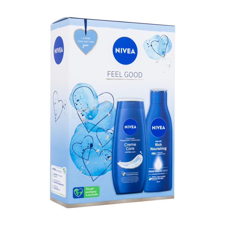 Nivea Feel Good Dárková kazeta sprchový gel Creme Care 250 ml + tělové mléko Body Milk Rich Nourishing 250 ml