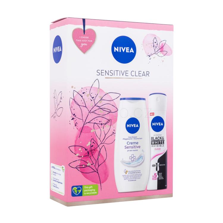 Nivea Sensitive Clear Dárková kazeta sprchový gel Creme Sensitive 250 ml + antiperspirant Black &amp; White Invisible Clear 150 ml
