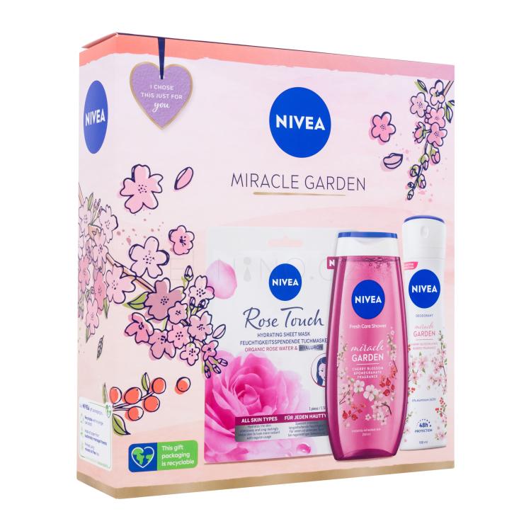 Nivea Miracle Garden Dárková kazeta sprchový gel Miracle Garden 250 ml + deodorant Miracle Garden Cherry Blossom 150 ml + pleťová maska Rose Touch 1 ks