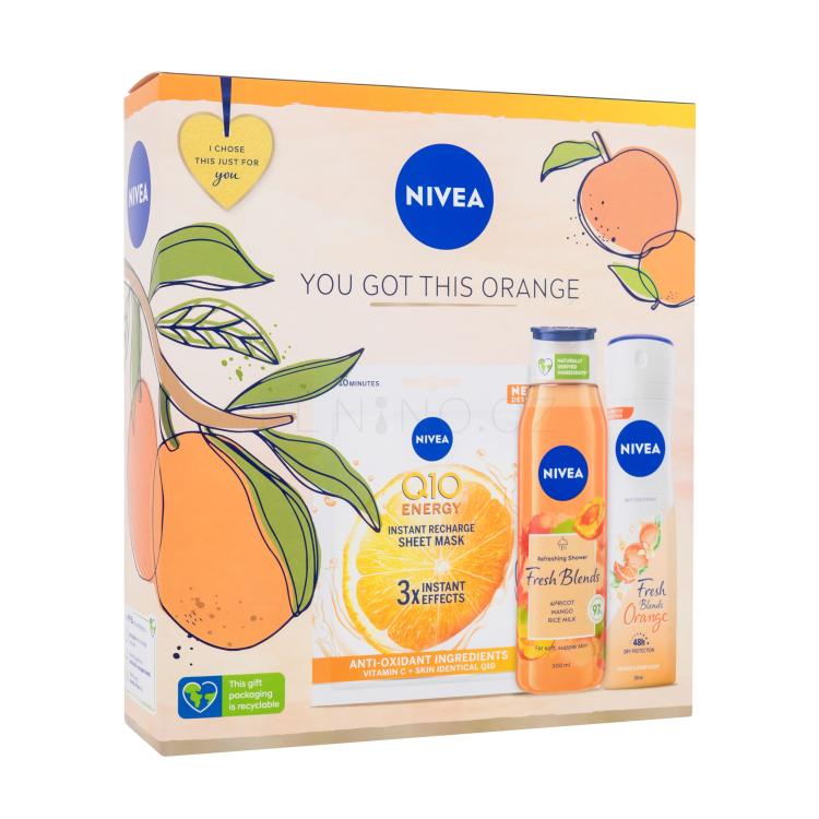 Nivea You Got This Orange Dárková kazeta sprchový gel Fresh Blends Apricot 300 ml + antiperspirant Fresh Blends Orange 150 ml + pleťová maska Q10 1 ks