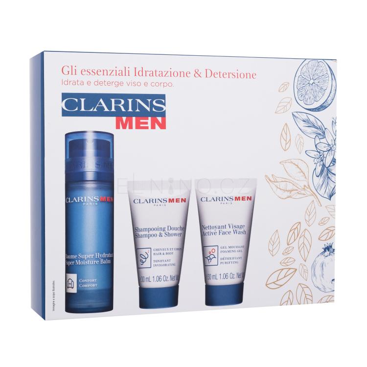 Clarins Men Hydration Essentials Dárková kazeta pleťový balzám Men Super Moisture Balm 50 ml + šampon Men Shampoo &amp; Shower 30 ml + čisticí gel Men Active Face Wash 30 ml