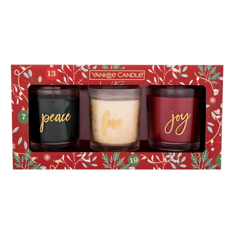 Yankee Candle Countdown To Christmas Dárková kazeta svíčka Peace 226 g + svíčka Love 226 g + svíčka Joy 226 g