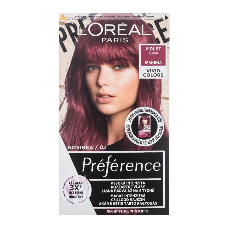 L&#039;Oréal Paris Préférence Vivid Colors Barva na vlasy pro ženy 60 ml Odstín 5,260 Violet poškozená krabička
