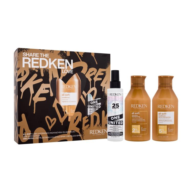 Redken Share The Redken All Soft Love Dárková kazeta šampon All Soft Shampoo 300 ml + kondicionér All Soft Conditioner 300 ml + vlasová péče One United All-In-One Multi-Benefit Treatment 150 ml