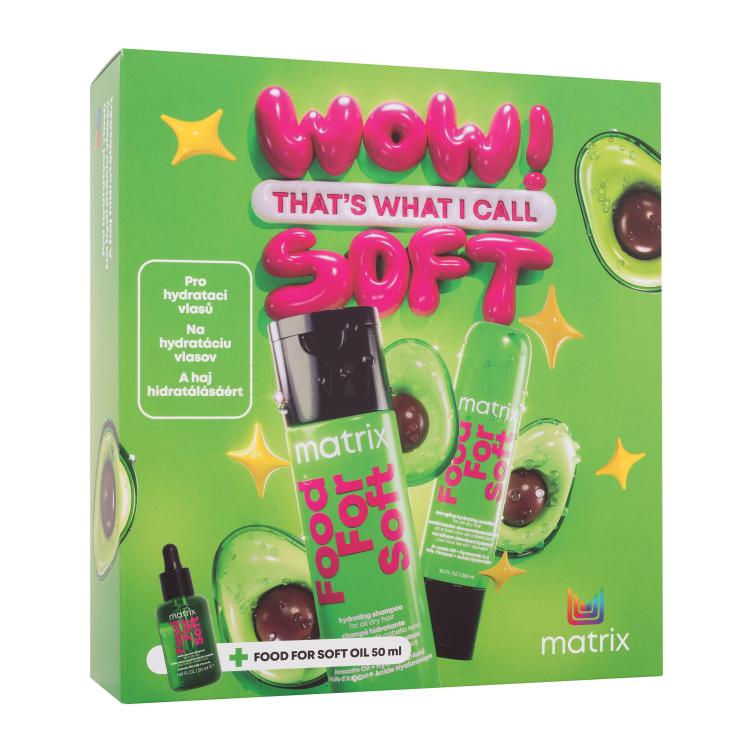 Matrix Food For Soft Dárková kazeta šampon Food For Soft Hydrating Shampoo 300 ml + kondicionér Food For Soft Detangling Hydrating Conditioner 300 ml + olejové sérum na vlasy Food For Soft Multi-Use Hair Oil Serum 50 ml
