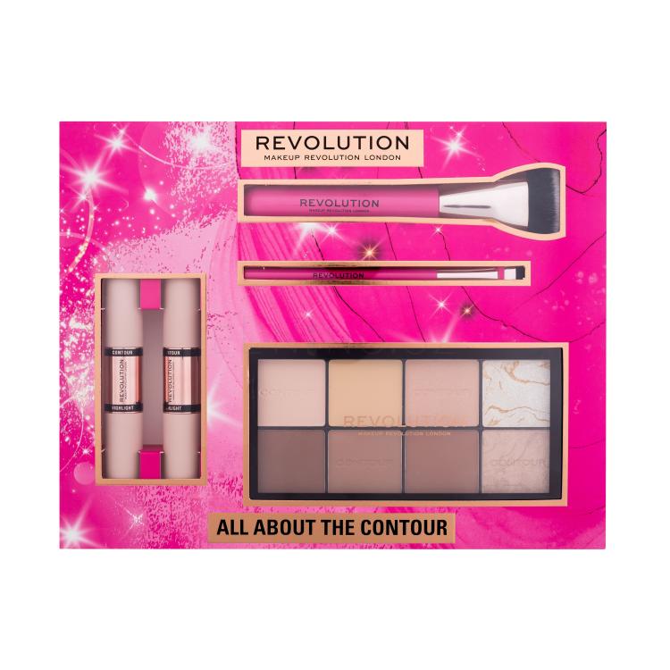 Makeup Revolution London All About The Contour Gift Set Dárková kazeta konturovací paletka Ultra Contour Palette 16 g + korektor Fast Base Contour Stick 1 ks Medium + korektor Fast Base Contour Stick 1 ks Dark + štětec Create Defining Contour Brush R10 1 ks + štětec Create Flat Blending Contour Brus