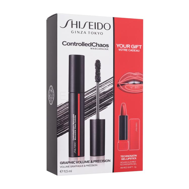 Shiseido ControlledChaos MascaraInk Dárková kazeta řasenka ControlledChaos MascaraInk 11,5 ml + rtěnka TechnoSatin Gel Lipstick 2 g 416 Red Shift