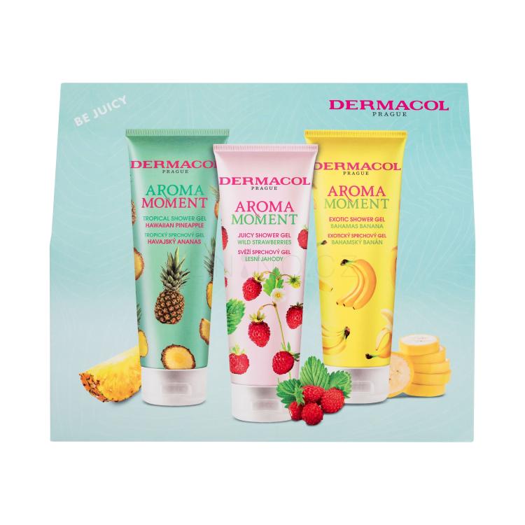 Dermacol Aroma Moment Be Juicy Dárková kazeta sprchový gel Hawaiian Pineapple 250 ml + sprchový gel Wild Strawberries 250 ml + sprchový gel Bahamas Banana 250 ml