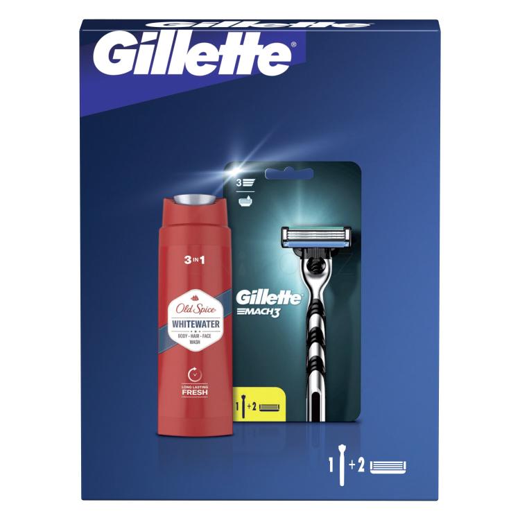 Gillette Mach3 Dárková kazeta holicí strojek 1 ks + náhradní hlavice 1 ks + sprchový gel a šampon Old Spice Whitewater 3in1 250 ml