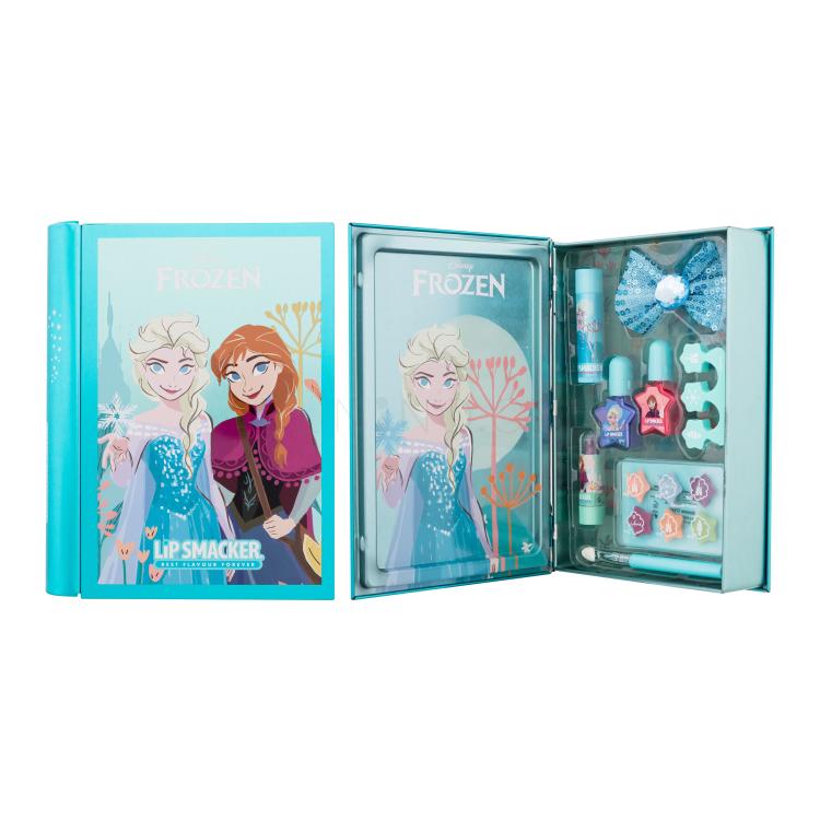 Lip Smacker Disney Frozen Magic Book Tin Dárková kazeta balzám na rty 3,4 g + rozjasňující krém 6 x 0,25 g + lak na nehty 2 x 4,25 ml + rtěnka 1,25 g + aplikátor + sponka do vlasů + oddělovač prstů + plechová krabička