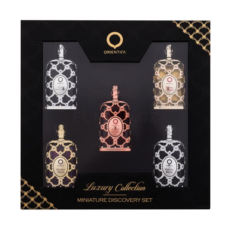 Orientica Luxury Collection Dárková kazeta parfémovaná voda Royal Amber 7,5 ml + parfémovaná voda Royal Bleu 7,5 ml + parfémovaná voda Velvet Gold 7,5 ml + parfémovaná voda Oud Saffron 7,5 ml + parfémovaná voda Amber Rouge 7,5 ml