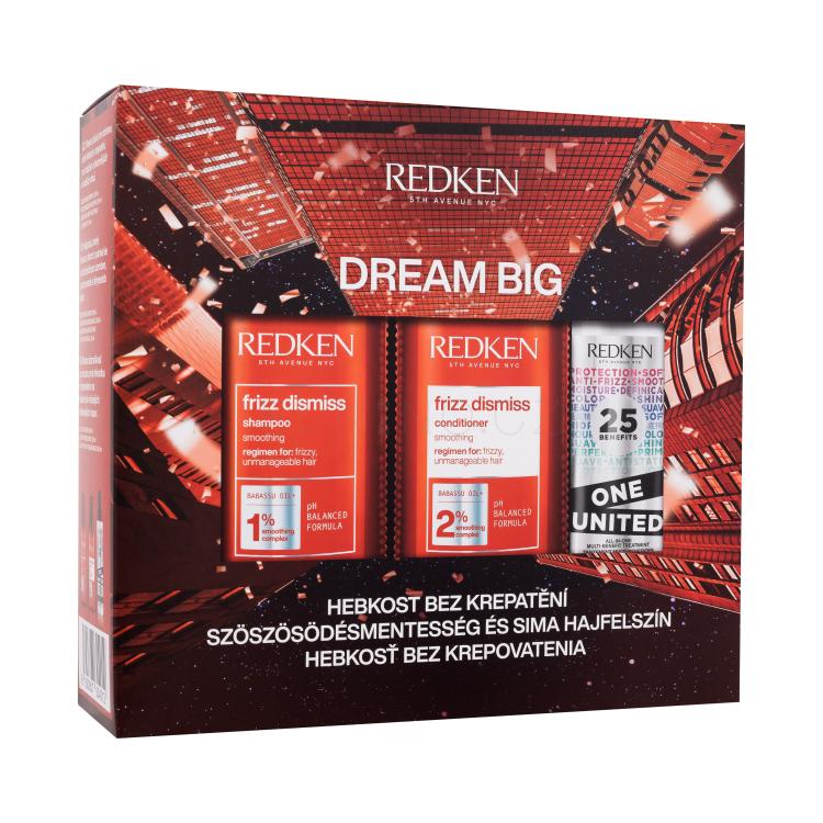 Redken Frizz Dismiss Dream Big Dárková kazeta šampon Frizz Dismiss 300 ml + kondicionér Frizz Dismiss 300 ml +  vlasová péče One United All-In-One Multi-Benefit Treatment 150 ml