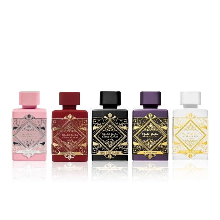 Lattafa Bade'e Al Oud Collection Dárková kazeta EDP Bade'e Al Oud Oud For Glory 5 ml + EDP Bade'e Al Oud Amethyst 5 ml + EDP Bade'e Al Oud Honor &amp; Glory 5 ml + EDP Bade'e Al Oud Sublime 5 ml + EDP Bade'e Al Noble Blush 5 ml