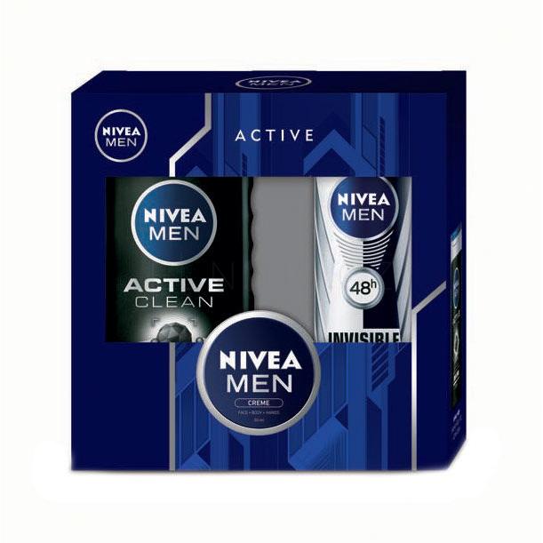 Nivea Men Active Clean Dárková kazeta sprchový gel 250 ml + antiperspirant Invisible For Black &amp; White 48h 150 ml + univerzální krém 30 ml