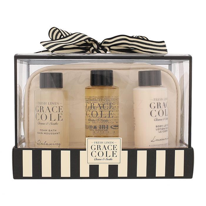Grace Cole Fresh Linen Dárková kazeta pro ženy pěna do koupele Relaxing 100 ml + sprchový gel Uplifting 100 ml + tělové mléko Luxurious 100 ml + kosmetická taška