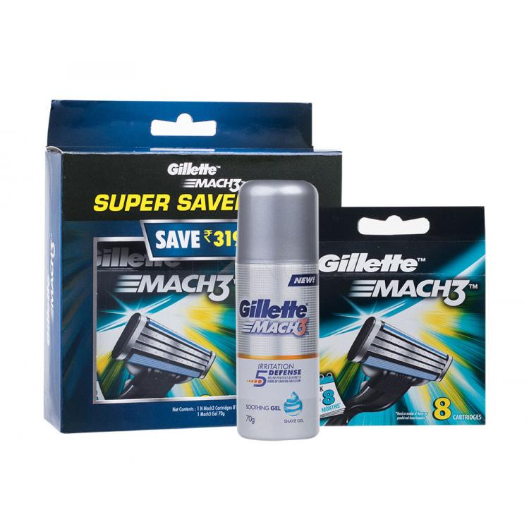 Gillette Mach3 Dárková kazeta náhradní hlavice 8 ks + gel na holení Irritation Defense 70 g