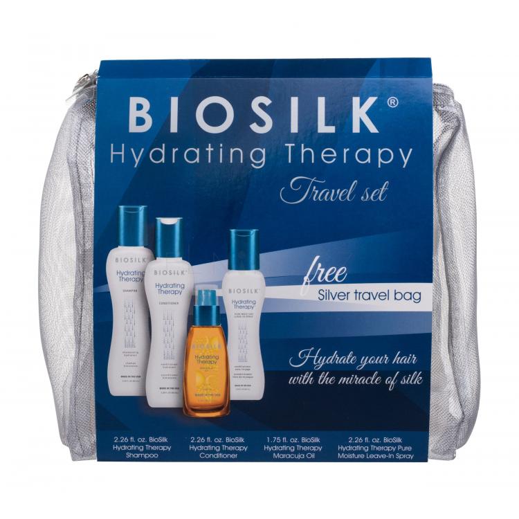 Farouk Systems Biosilk Hydrating Therapy Dárková kazeta šampon 67 ml + kondicionér 67 ml + olej na vlasy 52 ml + bezoplachový kondicionér 67 ml + kosmetická taštička