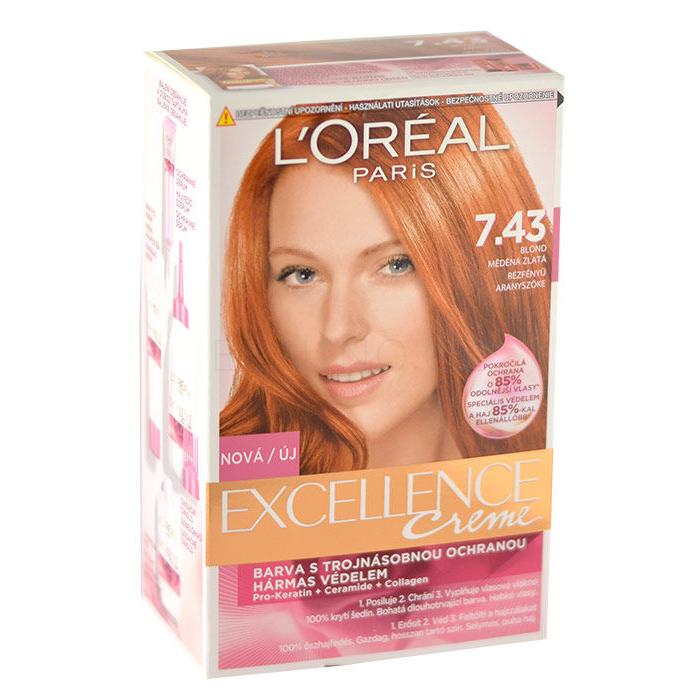 L&#039;Oréal Paris Excellence Creme Triple Protection Barva na vlasy pro ženy 192 ml Odstín 7,43 Dark Copper Gold Blonde poškozená krabička
