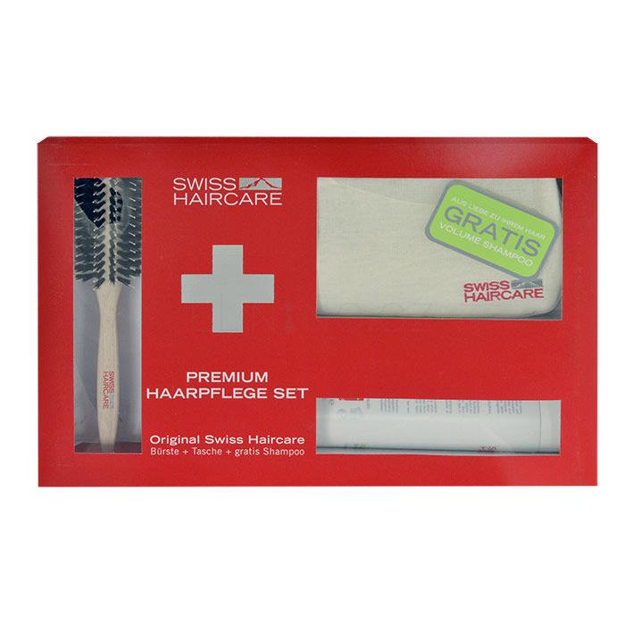 Swiss Haircare Premium Dárková kazeta kartáč na vlasy Round Brush 1 ks + šampon pro objem vlasů 200 ml + taštička poškozená krabička