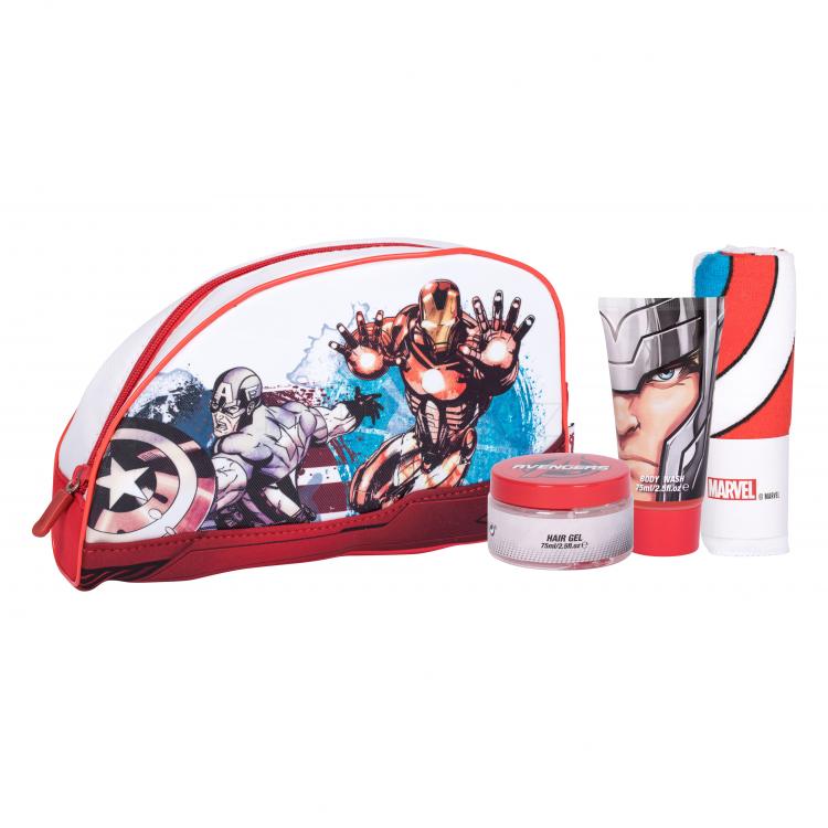 Marvel Avengers Dárková kazeta sprchový gel 75 ml + gel na vlasy 75 ml + žínka + kosmetická taška