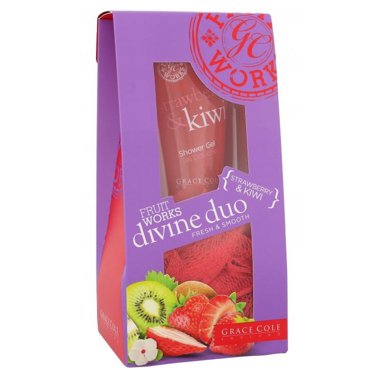 Grace Cole Fruit Works Strawberry &amp; Kiwi Dárková kazeta sprchový gel Strawberry &amp; Kiwi 50 ml + mycí houba