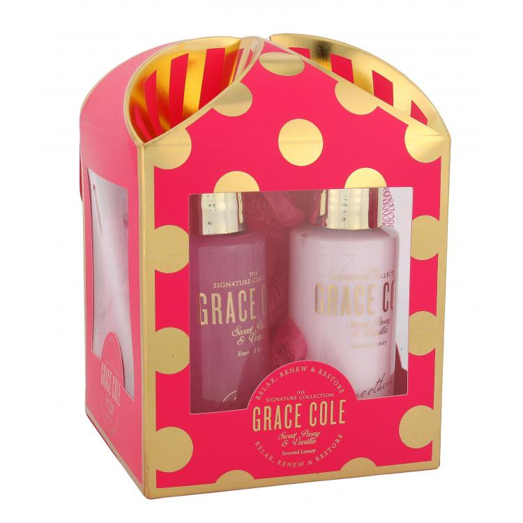 Grace Cole Sweet Peony &amp; Vanilla Dárková kazeta sprchový gel Refreshing 100 ml + tělový krém Smoothing 100 ml + mycí houba